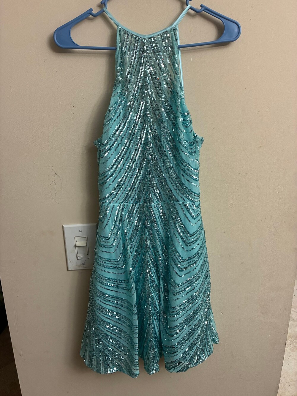 Aqua Sequin Halter Formal Gown Open Back Prom Pageant Dance Dress Turquoise